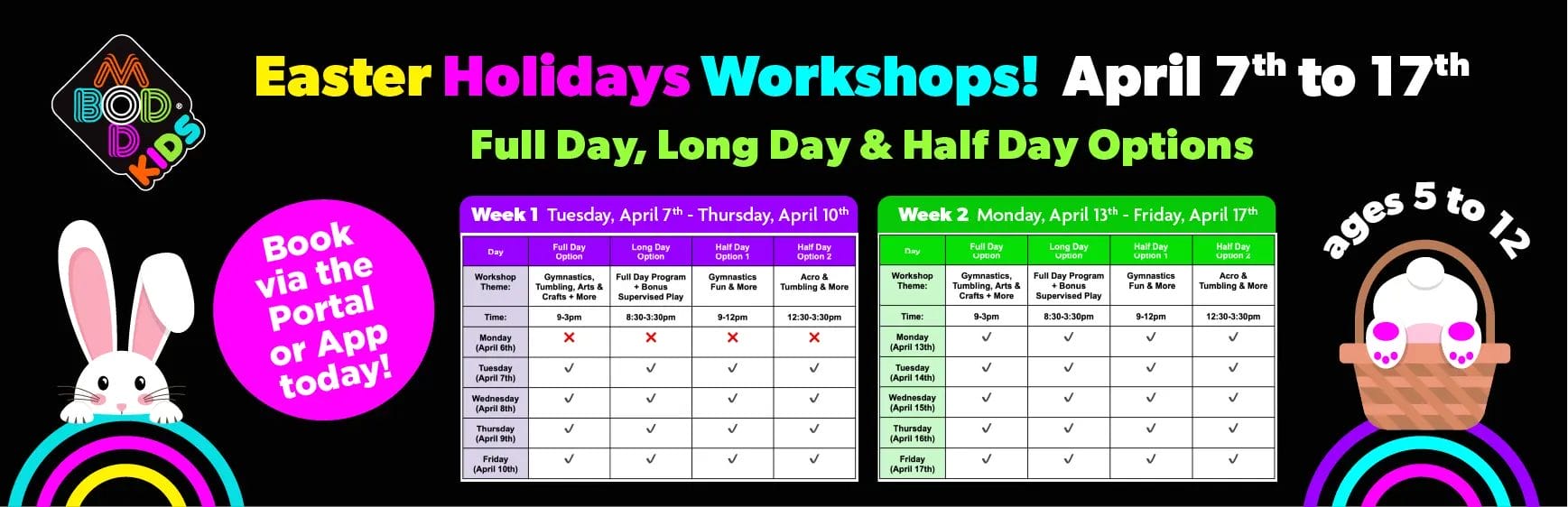 Modbod Gymnastics Easter holiday workshop event banner
